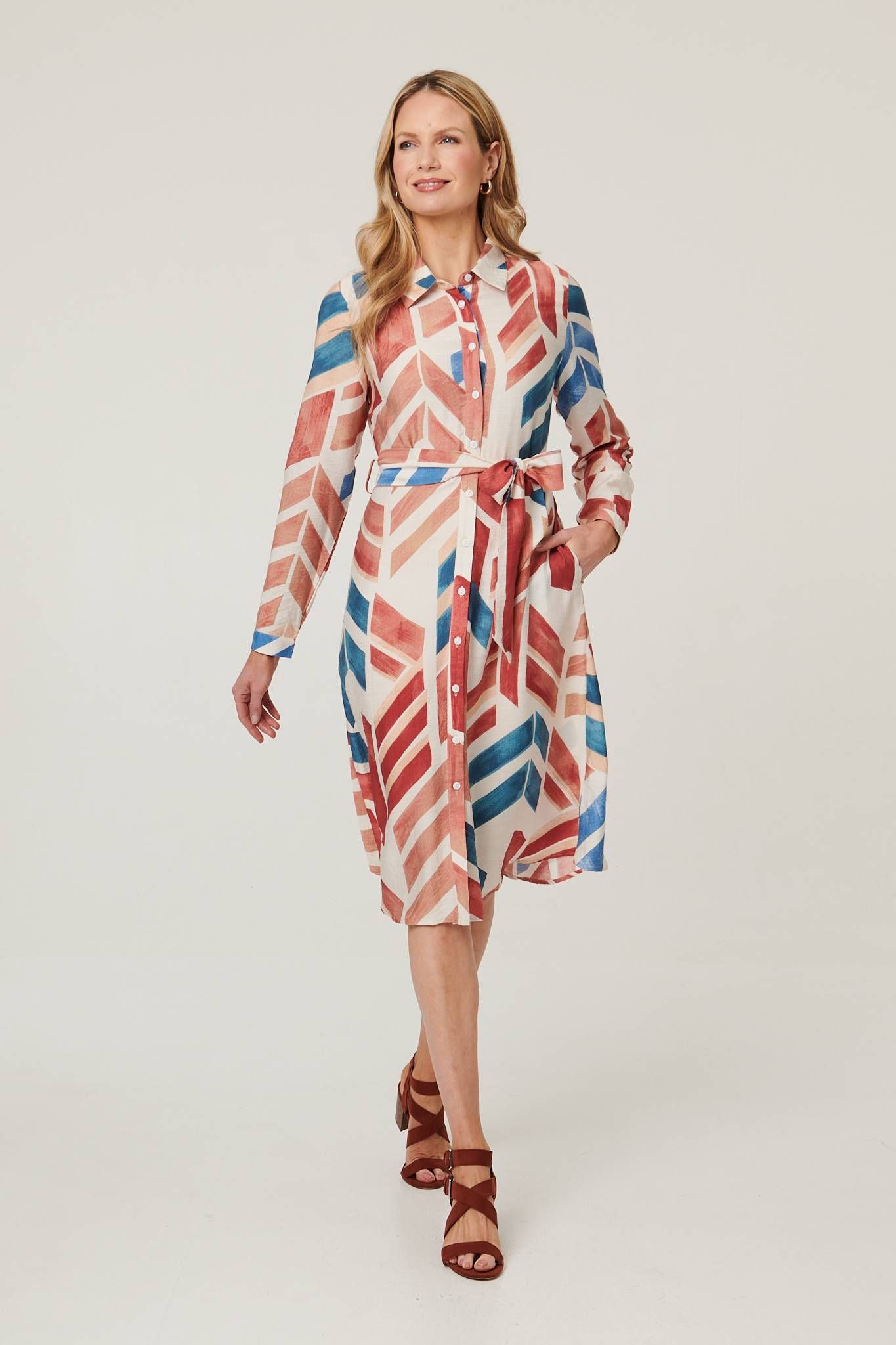 Izabel London Geo Print Tie Waist Midi Shirt Dress