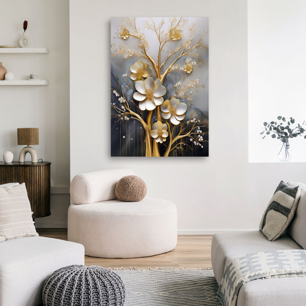 Feeby Obraz na płótnie, Złote Kwiaty Glamour 3D 40x60