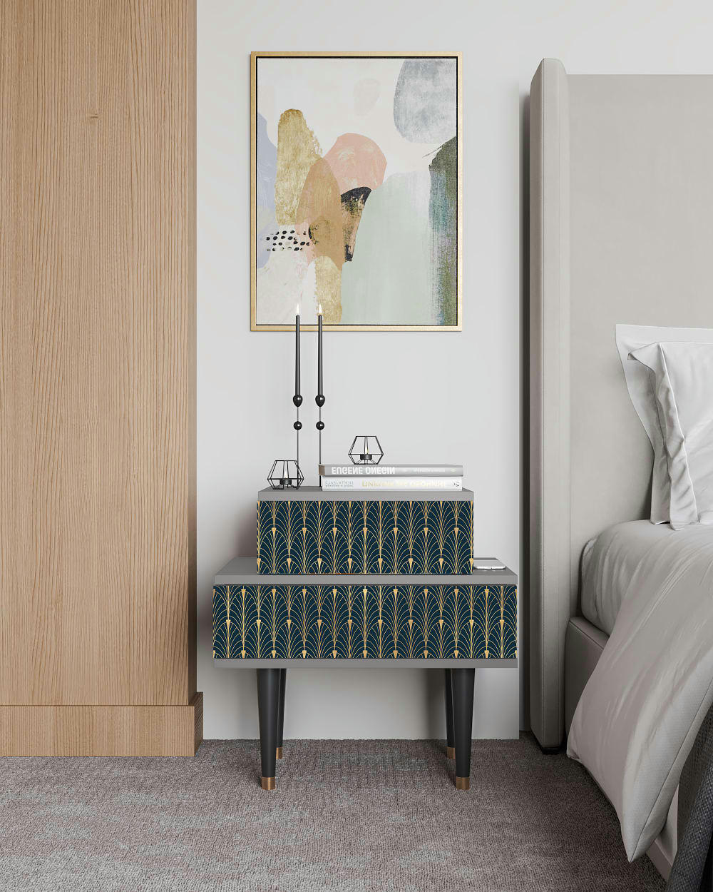 FLOWER OF THE NILE - Table de chevet bleu et jaune 2 tiroirs L 58 cm