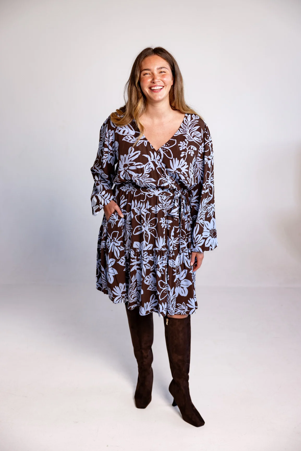 Deni Long Sleeve Dress in Blue Lani Chocolate