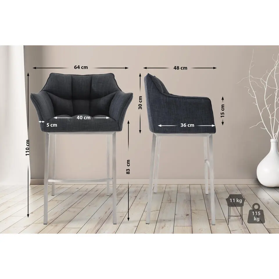 CLP Barkruk Damaso roestvrij staal Frame - Stof - donkergrijs