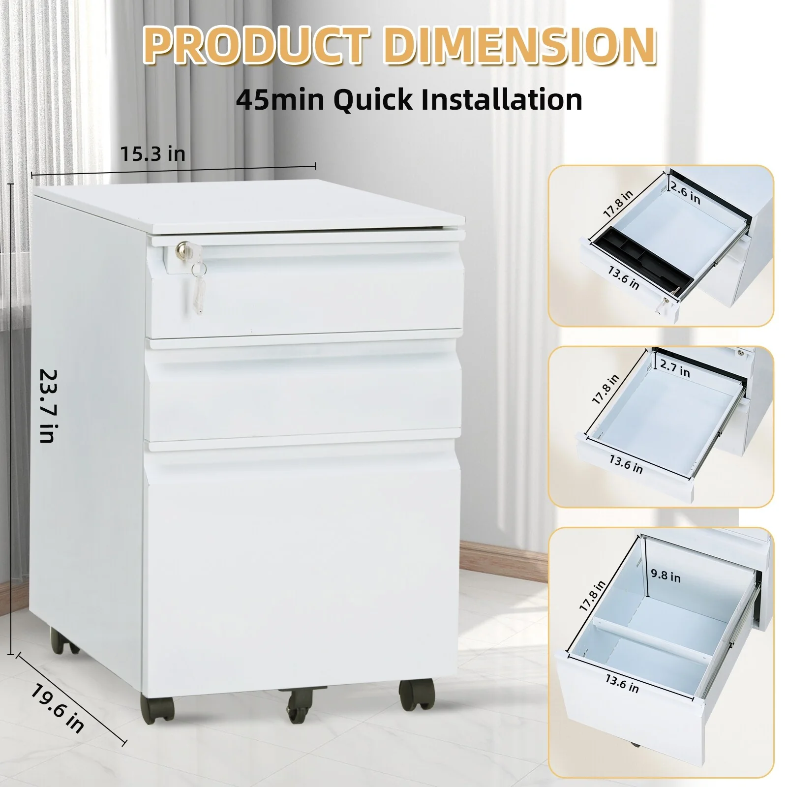 Filing Cabinets for Home Office Organizer , 3 Drawer Mobile File Cabinet with Lock & Anti-Tip Wheel,Under Desk Metal