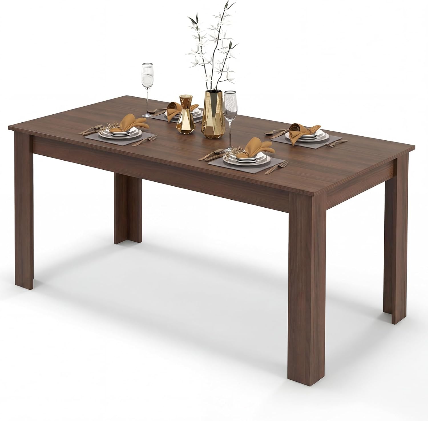 COSTWAY Dining Table for 4-6 People, 63” Rectangular Dining Room Table, Farmhouse Dinette Table with Large Computer Workstation, Modern Kitchen Table for Apartment, Living Room, Restaurant (Walnut)