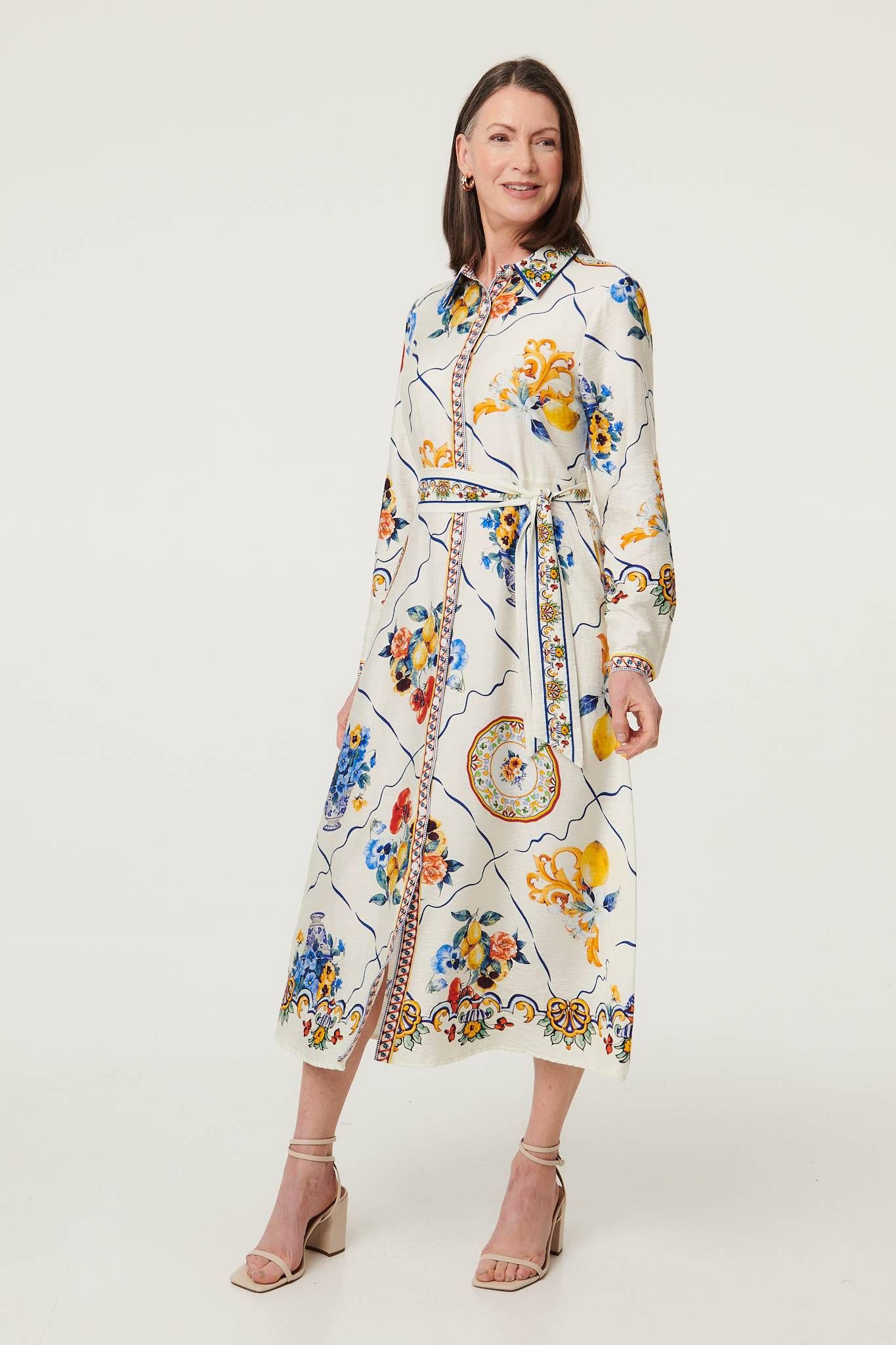Izabel London Printed Long Sleeve Maxi Shirt Dress