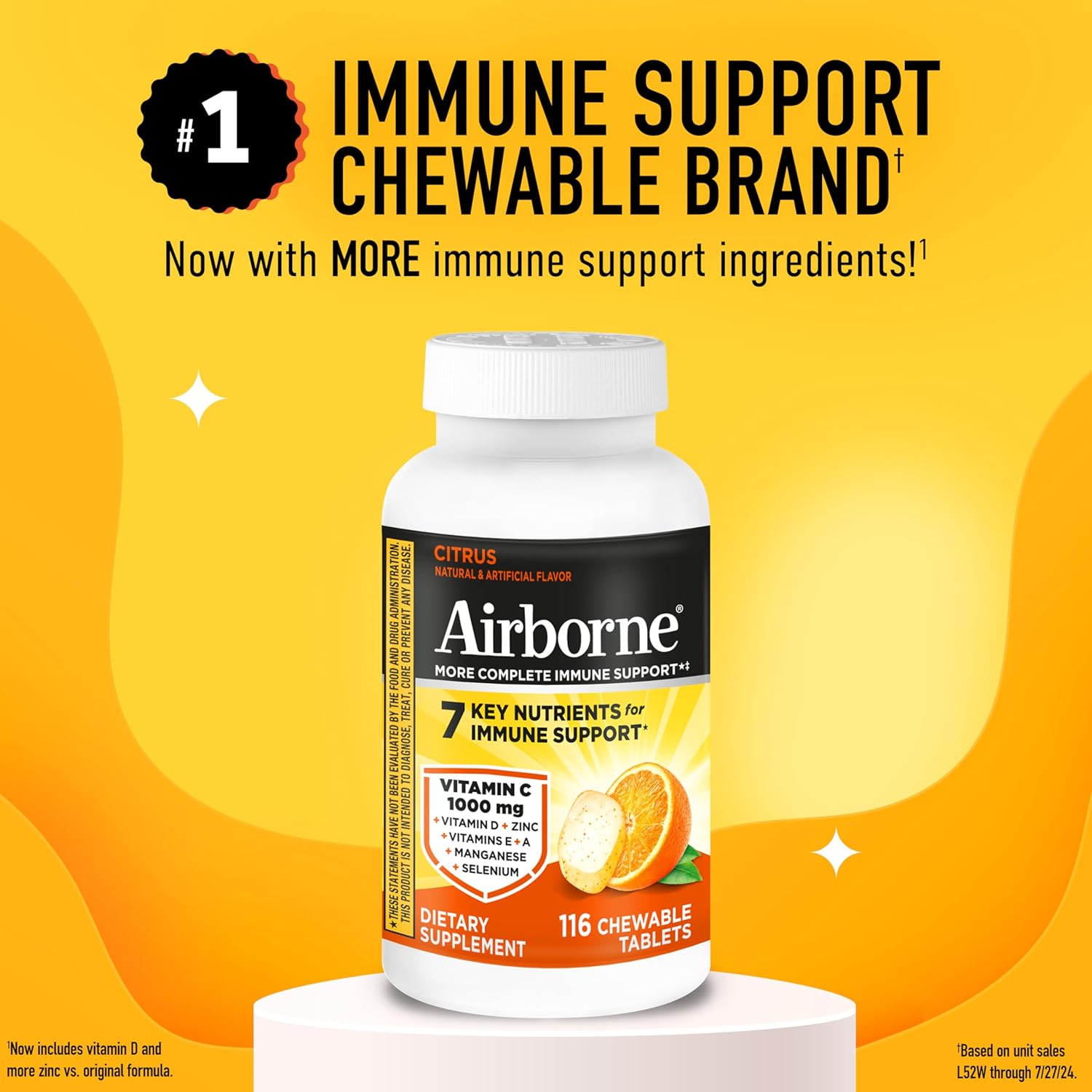 Airborne 1000mg Vitamin C + Zinc Immune Support Supplement Chewable Tablets, Citrus Flavor with Powerful Antioxidants Vitamins A C & E, 116 Chewable Tablets