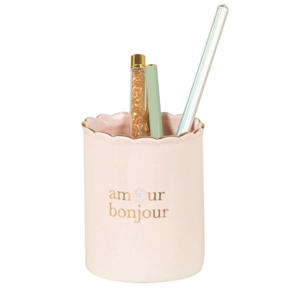 - Pot à crayons en porcelaine rose avec liseré doré et gravé amour