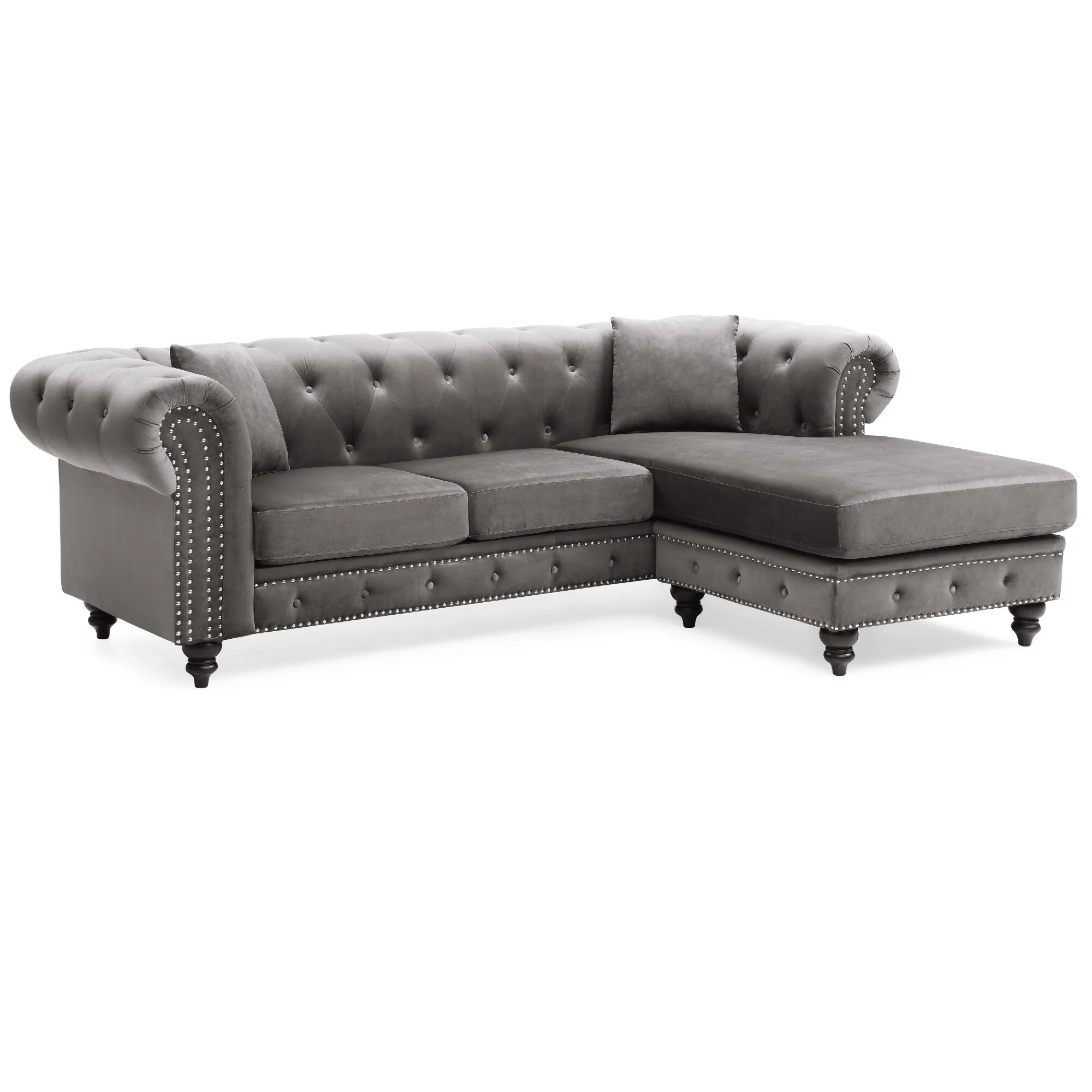 Tufted Velvet L-Shape 3-Seater Sectional Sofa with Throw Pillows - 98 - Dark Gray
