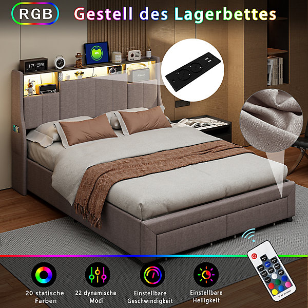 Lit Coffre 160x200 cm Lin Gris, LED, Charge USB, Rembourré, Rangement, Tête de lit, Sommier à Lattes, 2 Personnes