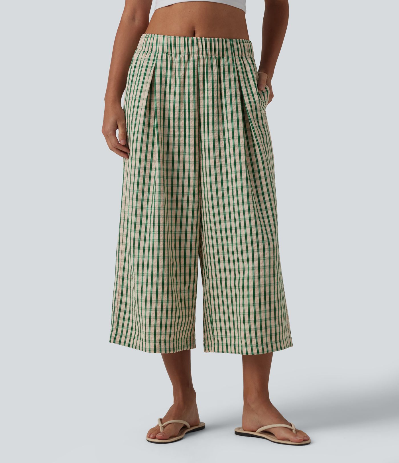Pantalon ample raccourci à carreaux taille mi-haute avec poches