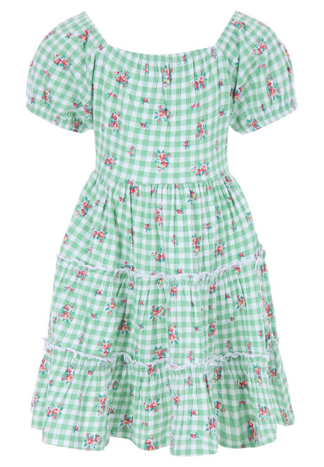 Younger Girls Green Gingham Floral Dress