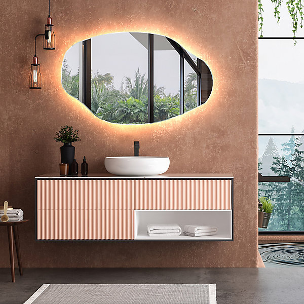 Miroir de Salle de Bain asymétrique (114x74cm) LED Lumineux Miroir avec éclairage (OBK221) Capteur d'Activation