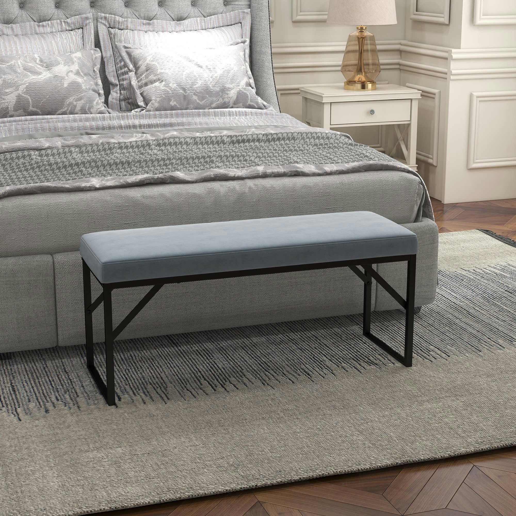 - Banc banquette design contemporain piètement acier noir velours gris