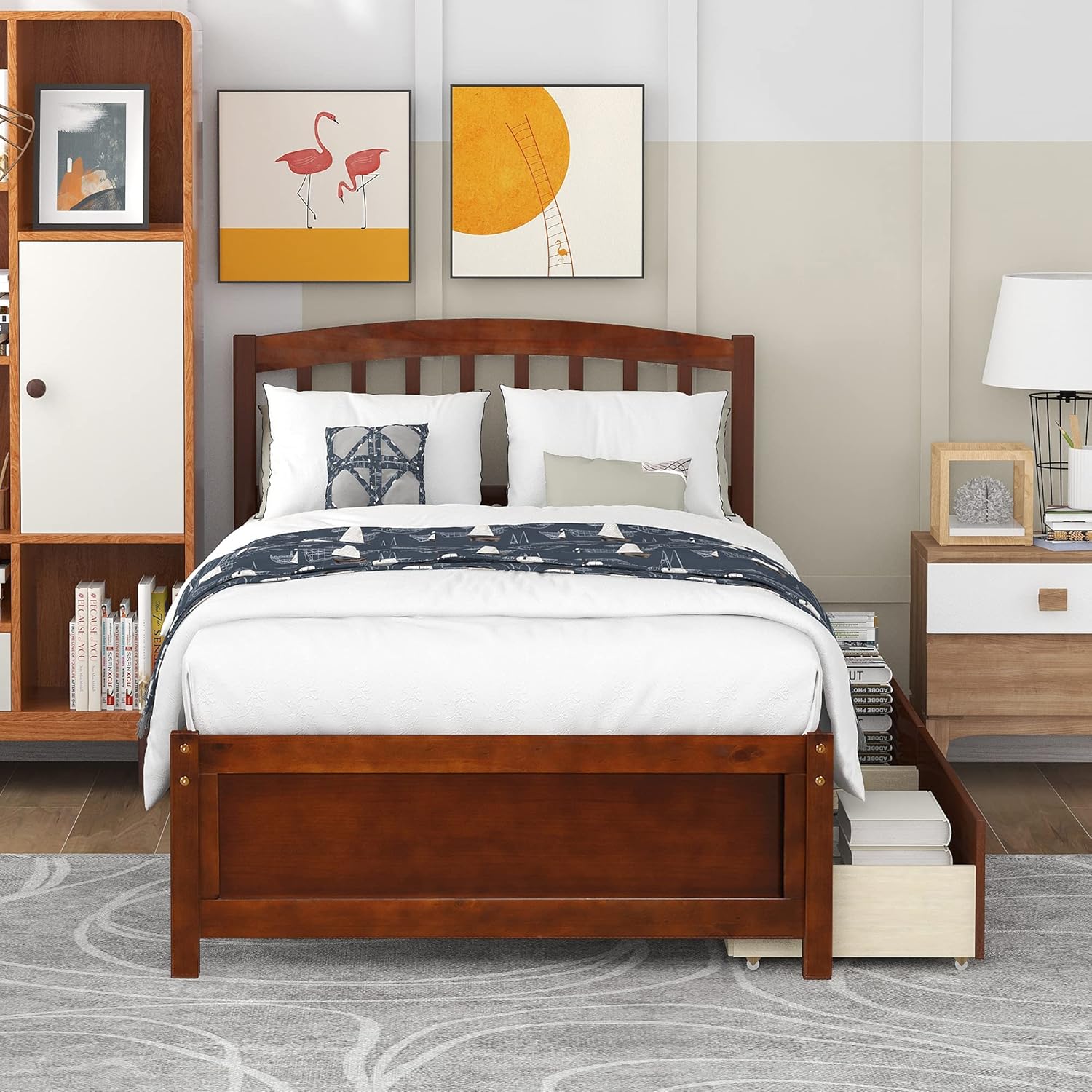 Harper & Bright Designs Twin Bed Frame with Storage, Wood Platform Bed with 2 Drawers and Headboard (Walnut)