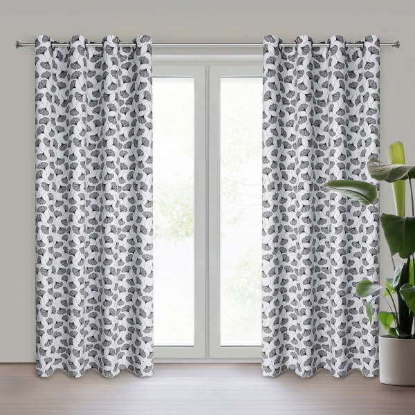 Zasłona KEMI biała 140x250 cm czarne liście miłorzębu na przelotkach