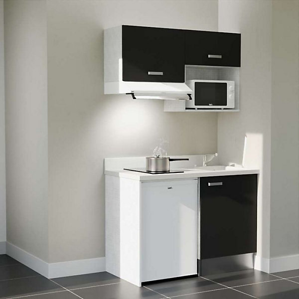 Kitchenette K02 - 120 cm - façades Noir - Plan monobloc en quartz coloris Snova évier à droite - Electroménager Blanc