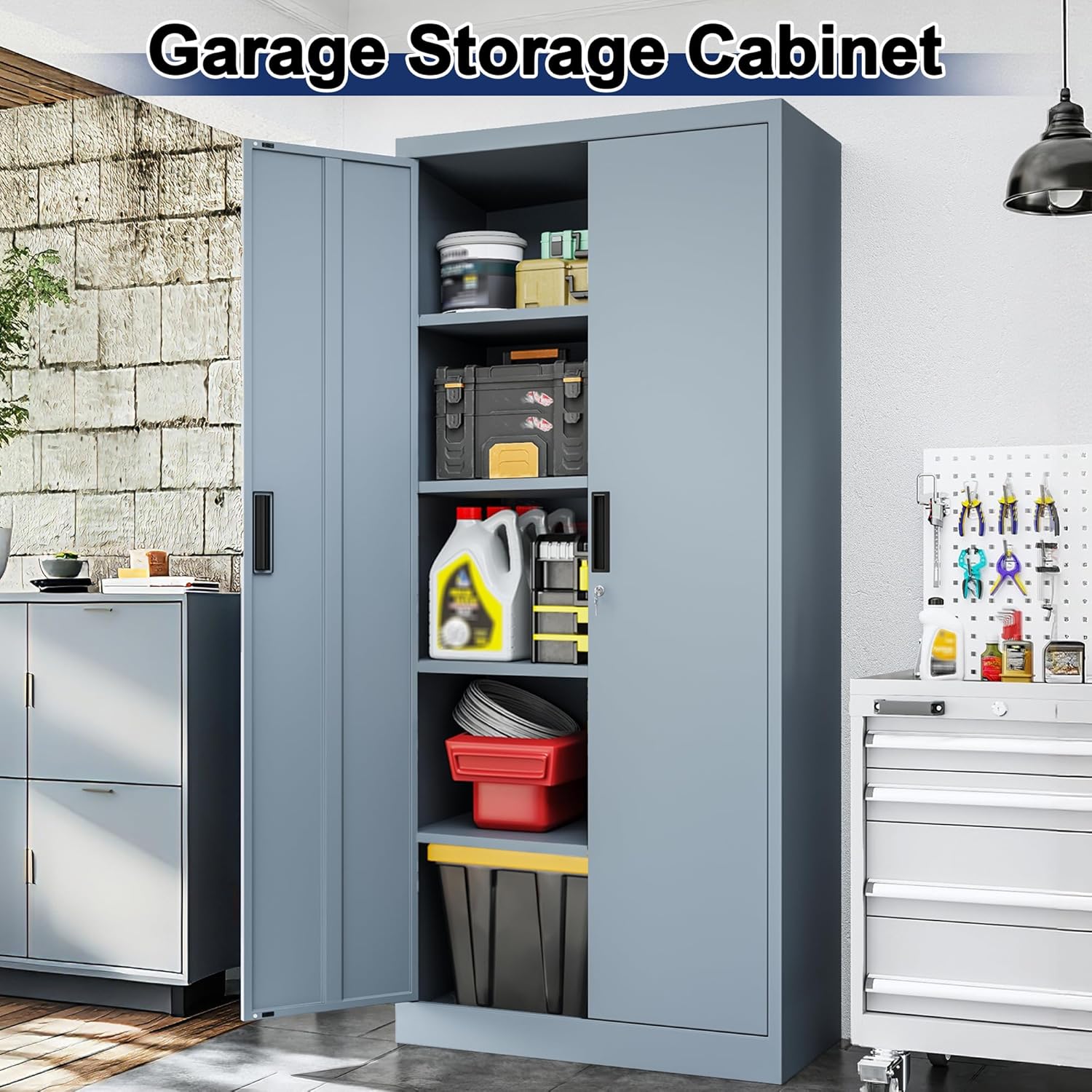 BESFUR Metal Storage Cabinet with 2 Doors and 4 Adjustable Shelves Garage Storage Cabinet with Lock 71 Office Storage Cabinets Locking Cabinets for Garage Office Shop Home (Gray)