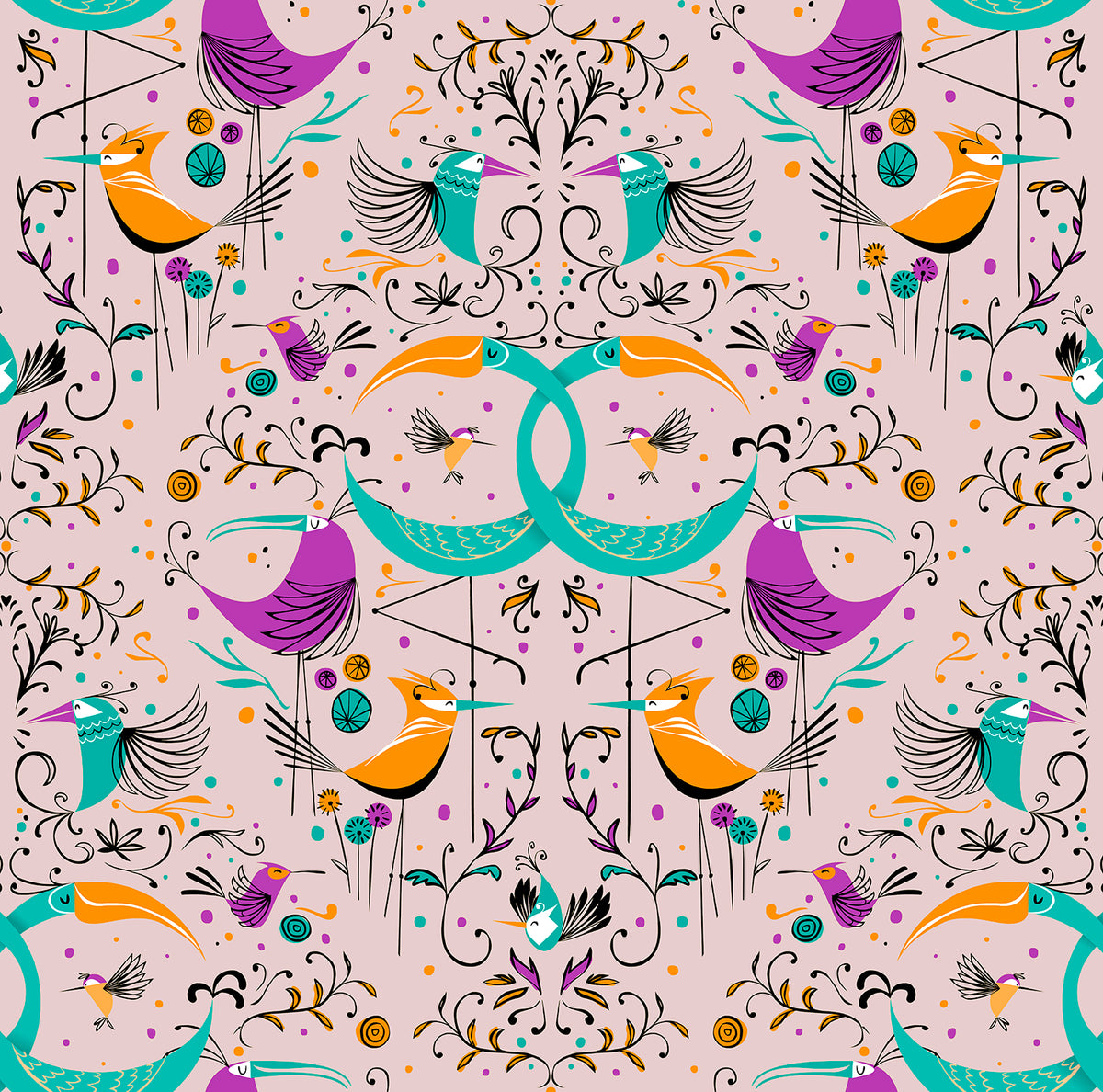 Walls4You behang vogels oudroze en meerkleurig - 53 cm x 10 m - 640129