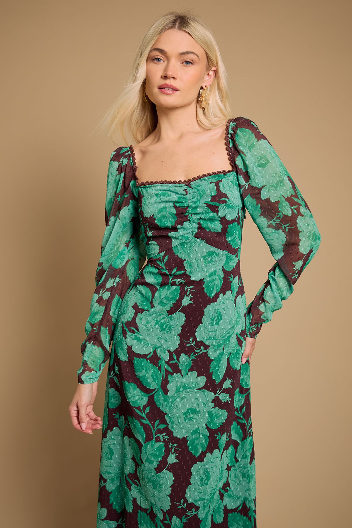 Oasis Printed Chiffon Shoulder Detail Shirred Back Midi Dress