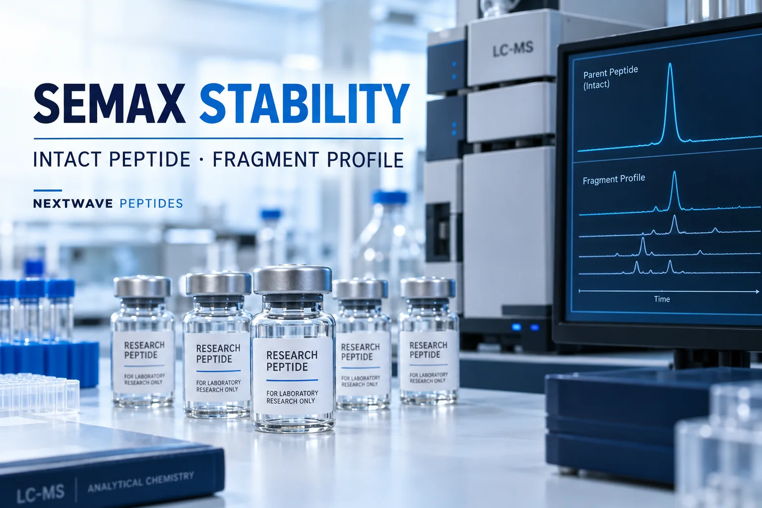 Semax research vials and an LC-MS display illustrating separate intact peptide and fragment-profile signals over time.