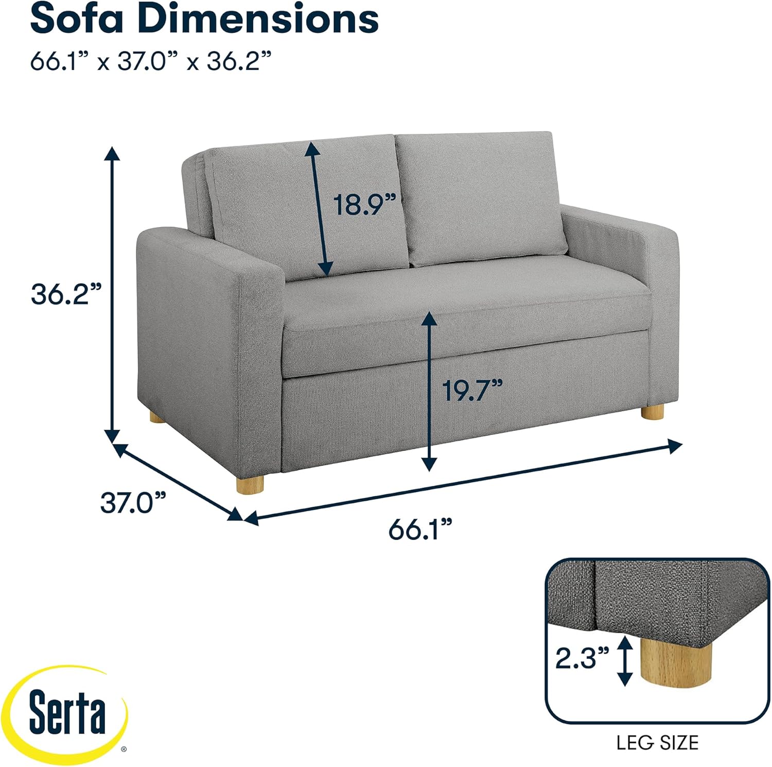Serta Tulsa 66.1 Convertible Sleeper Loveseat, Full Size, Dreamcoil Comfort, FingerGuard Pinch Point Protection, Boucle Fabric, Grey