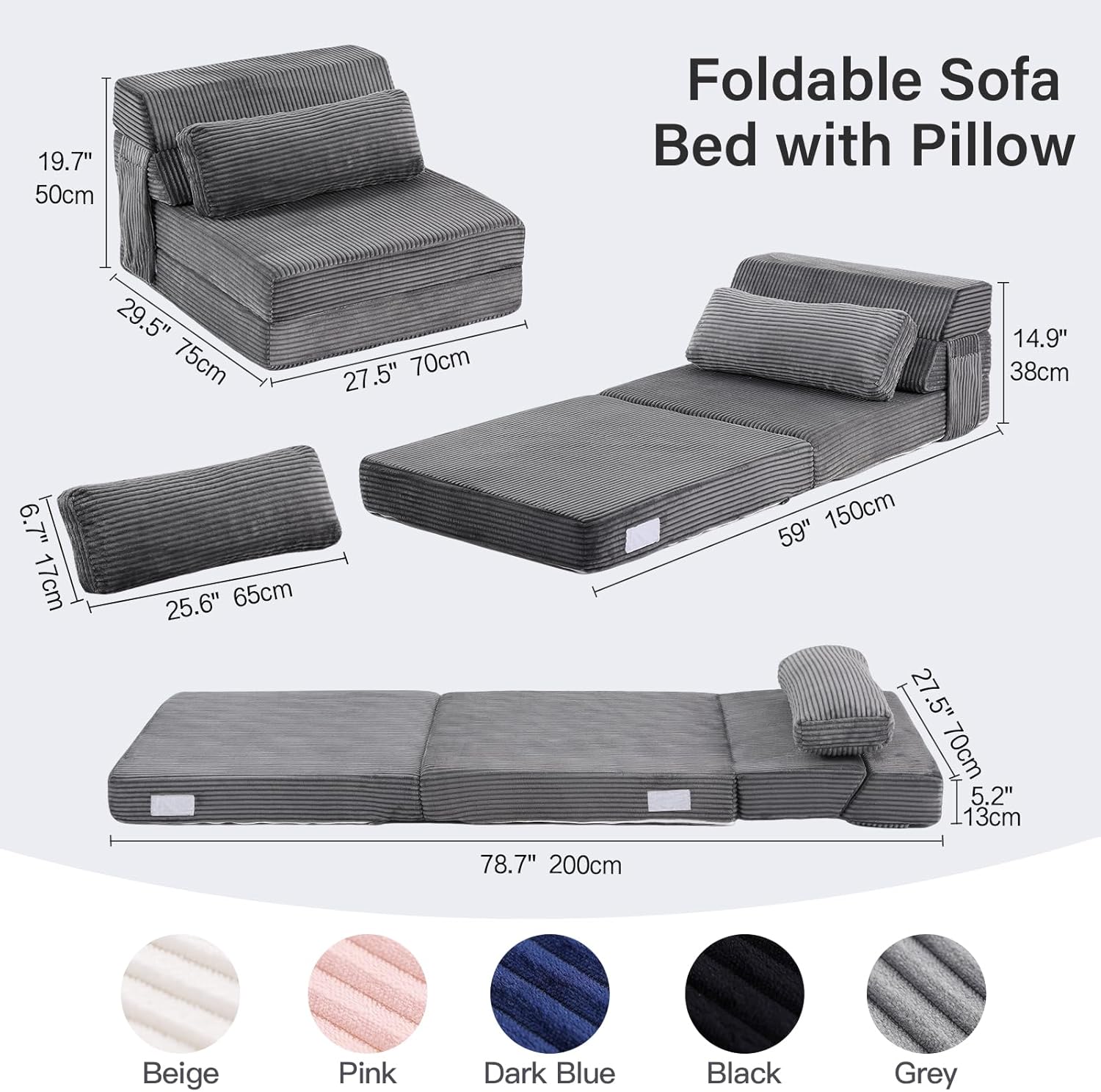 Folding Sofa Bed with Pillow, Convertible Sleeper Chair, Comfy Floor Futon Couch Mattress Lounge Lounge Sofa for Adults Portable Fold Out Chair Bed for Living Room Bedroom, Single, Gray