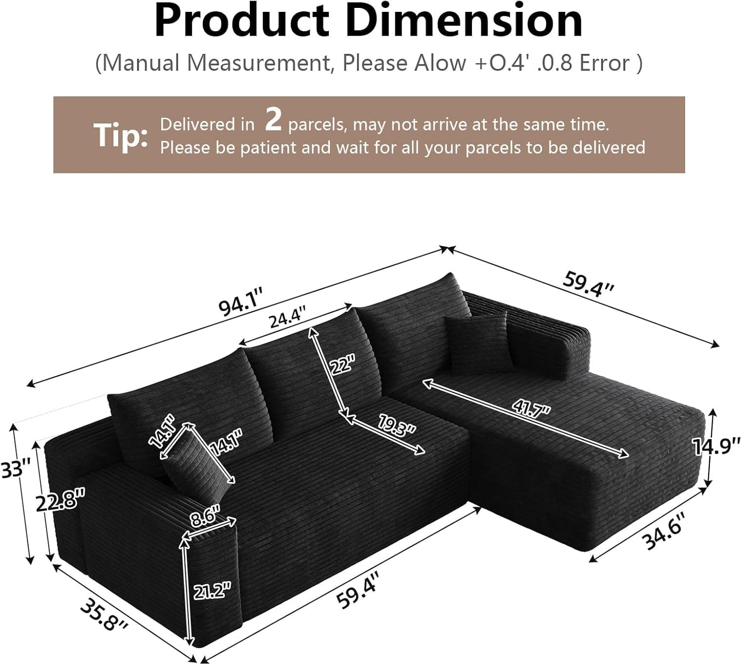 95 Cloud Sectional Couch with L-Shape Chaise, Modern Cloud Couch with Deep Seat, Modular Sectional Couches for Living Room, Apartment, Office, No Assembly Required
