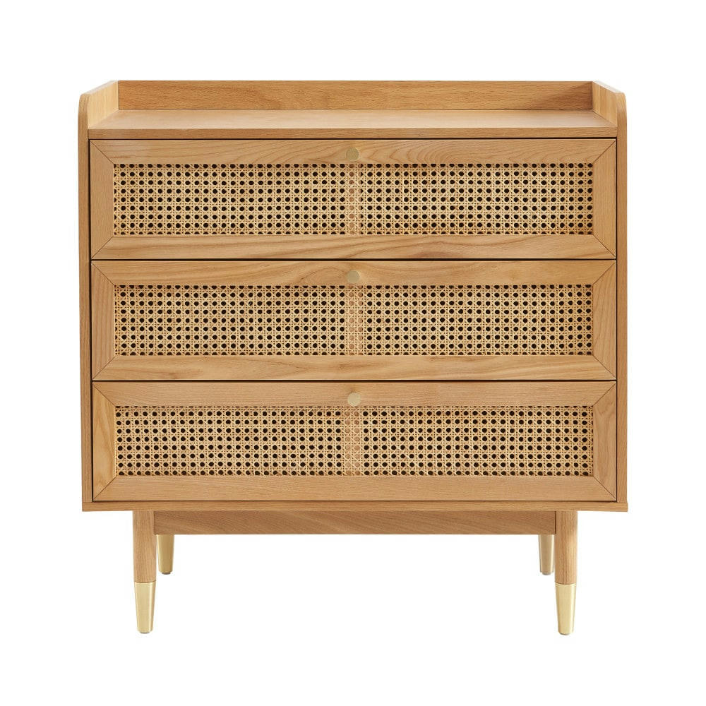 BOMBONG - Commode 3 tiroirs en bois et cannage L85cm bois clair