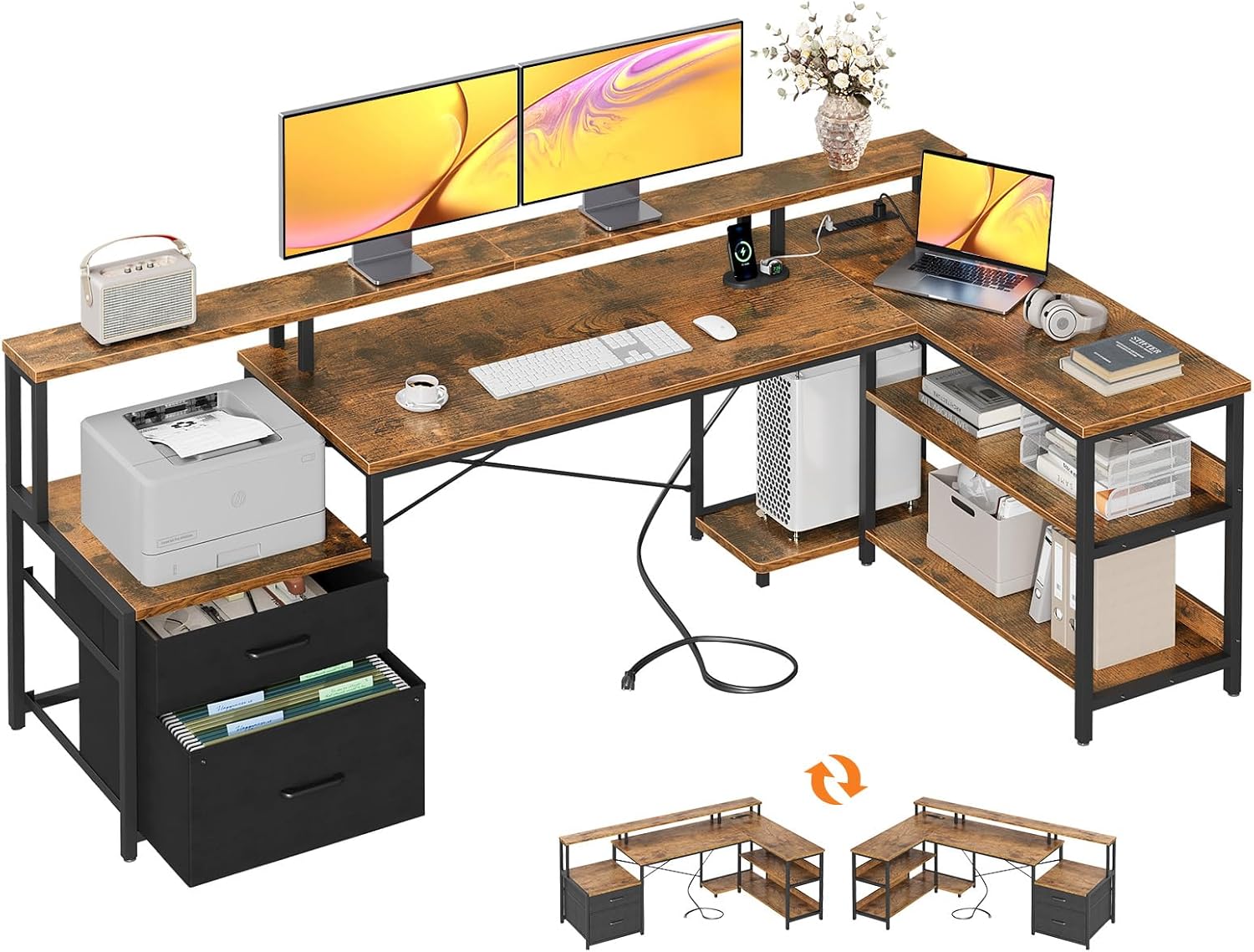 ODK 75 L Shaped Desk with File Drawers, Work from Home Office Desk with Power Outlet, Reversible Computer Desk with Storage Shelves, Gaming Desk with Monitor Shelf, Corner WFM Table, Vintage
