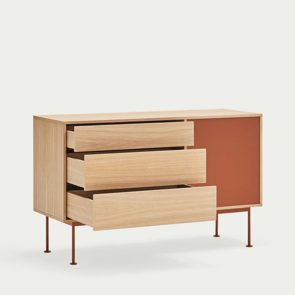 YOKO - Buffet 1 porte 3 tiroirs en bois L128cm rouge brique