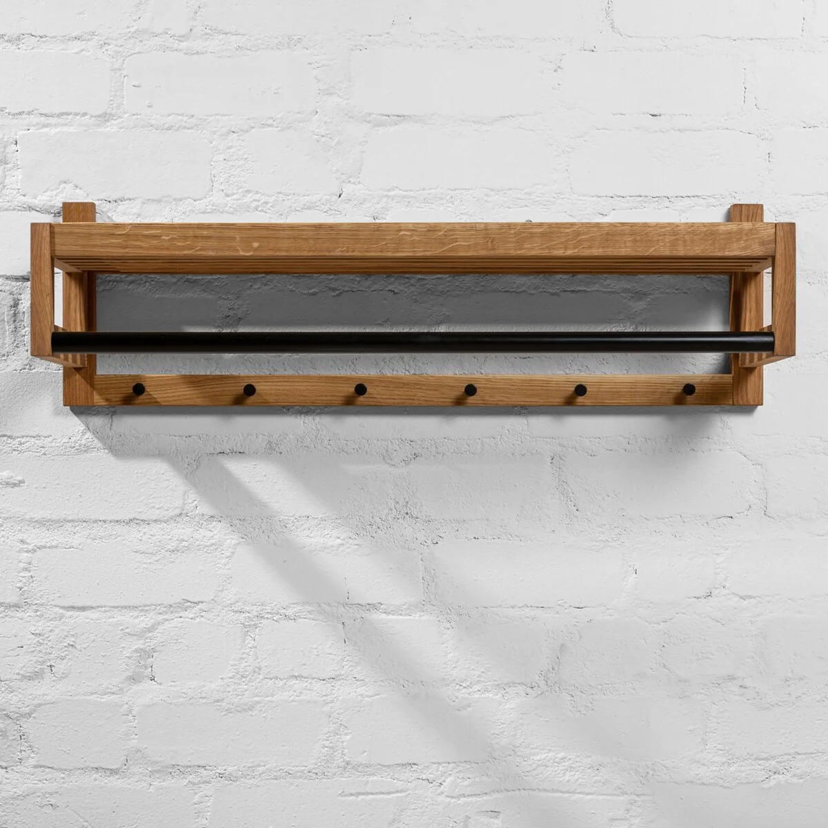 Oak Hardwood Floating Coat Rack - Wall Mounted with Shelf 5 Hooks