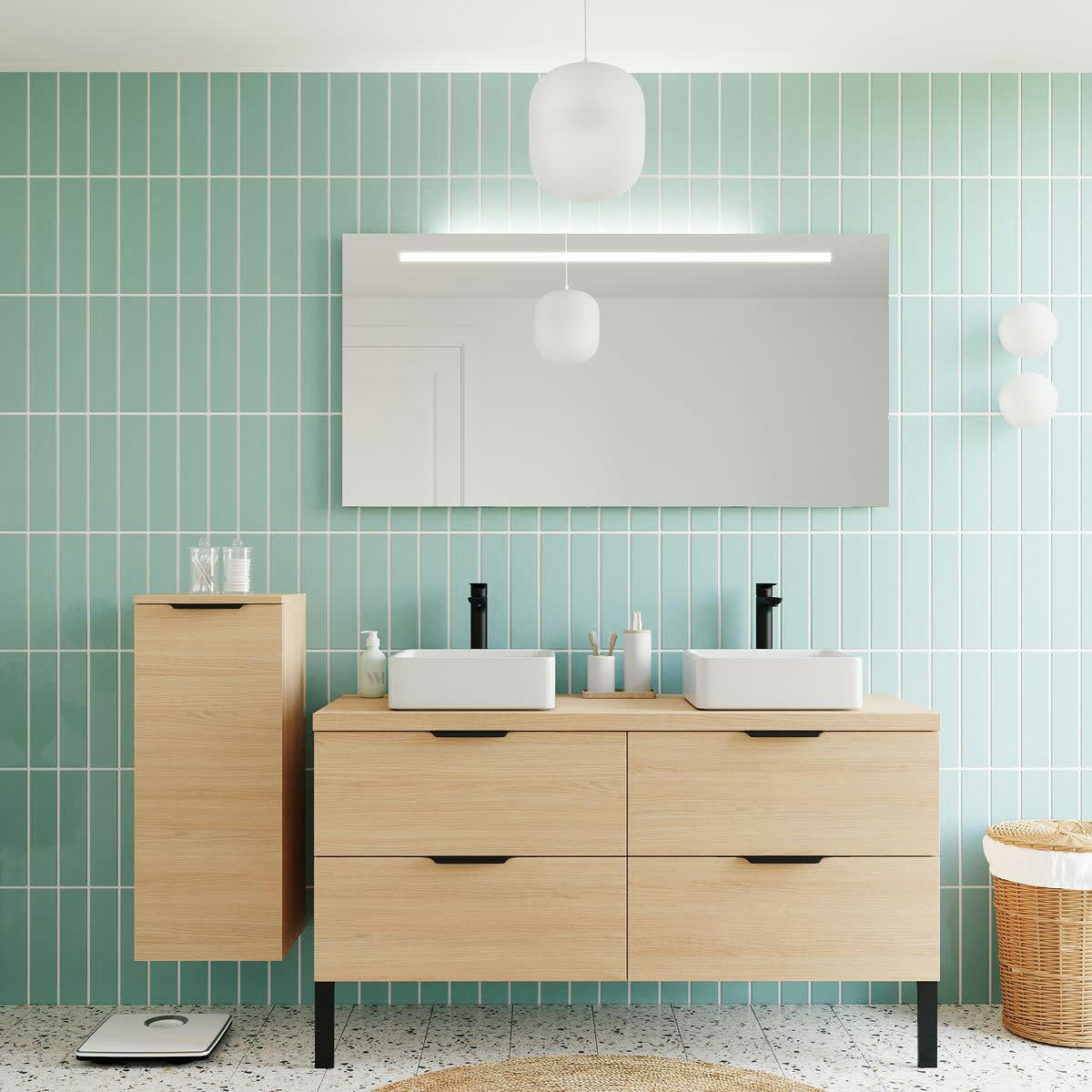 SOHO - Meuble salle de bain 2 vasques posées 140cm 4 tiroirs Chêne