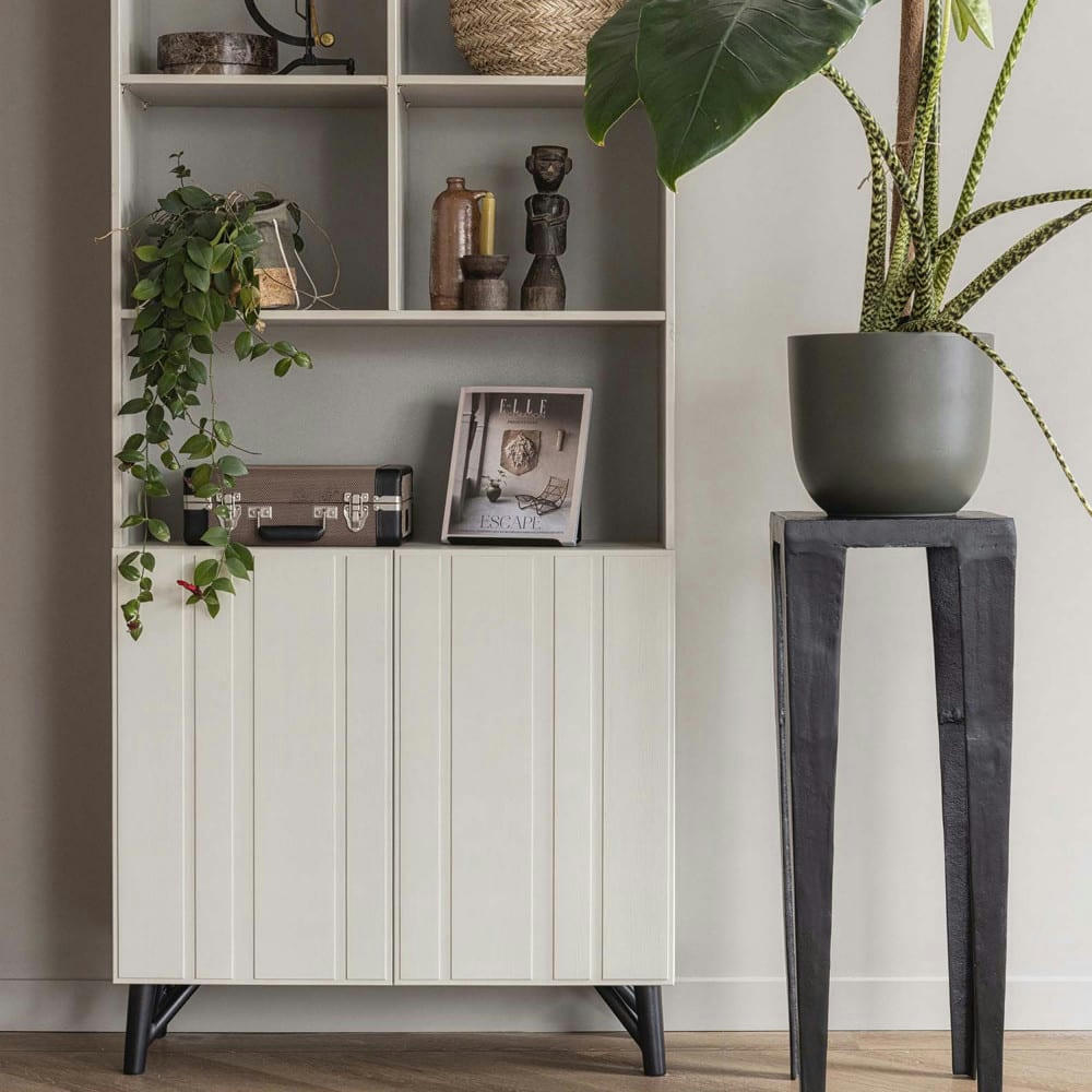 MILLER - Buffet haut 2 portes, 5 niches en bois H200cm blanc