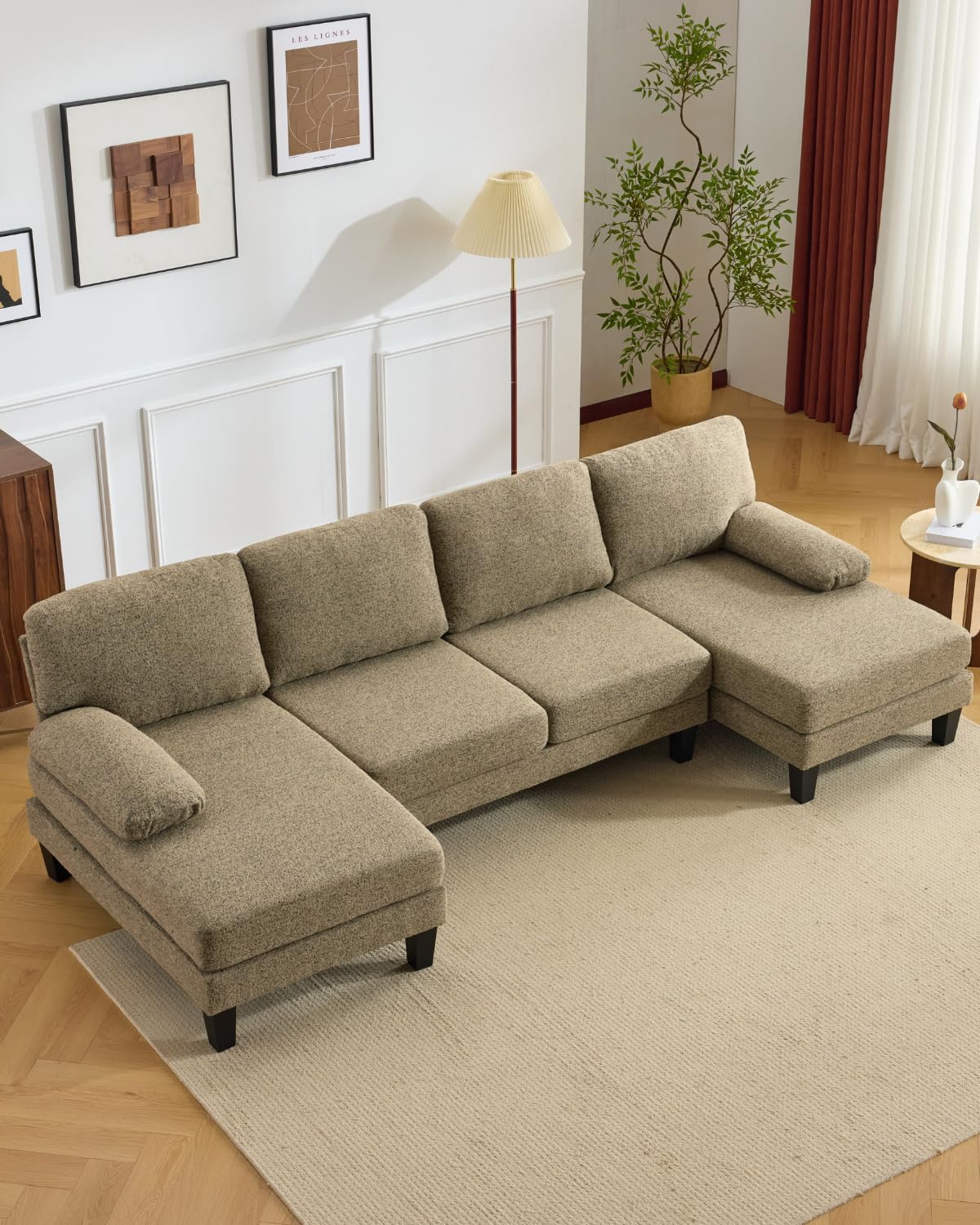 Karl home 110 U-Shape Sectional Couches for Living Room Chenille Upholstery 4 Seat Sofa Set with Double Chaises & Wood Grain Legs for Apartment, Khaki