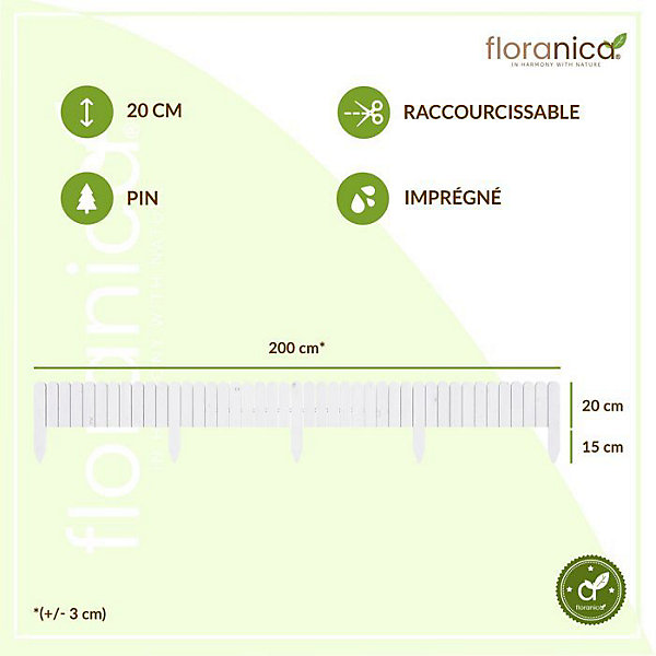Floranica Bordure de Jardin Flexible 20 x 200 cm Blanc Clôture de Pelouse en Bois, Palissade de Jardin Extérieur