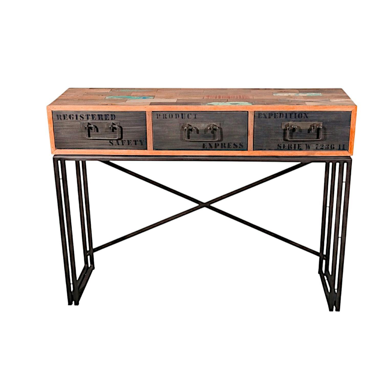Console bois recyclé 3 tiroirs 120x35x90cm CARAVELLE