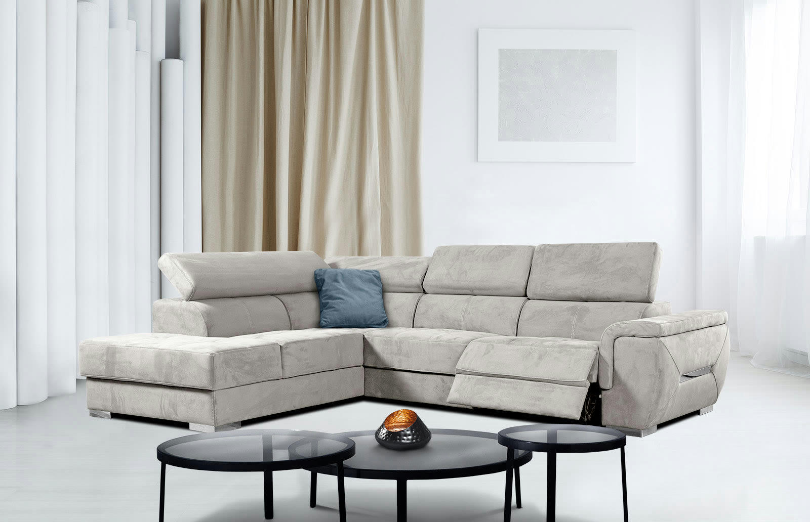 KELTE - Canapé d'angle gauche 5 places avec une relaxation tissu beige