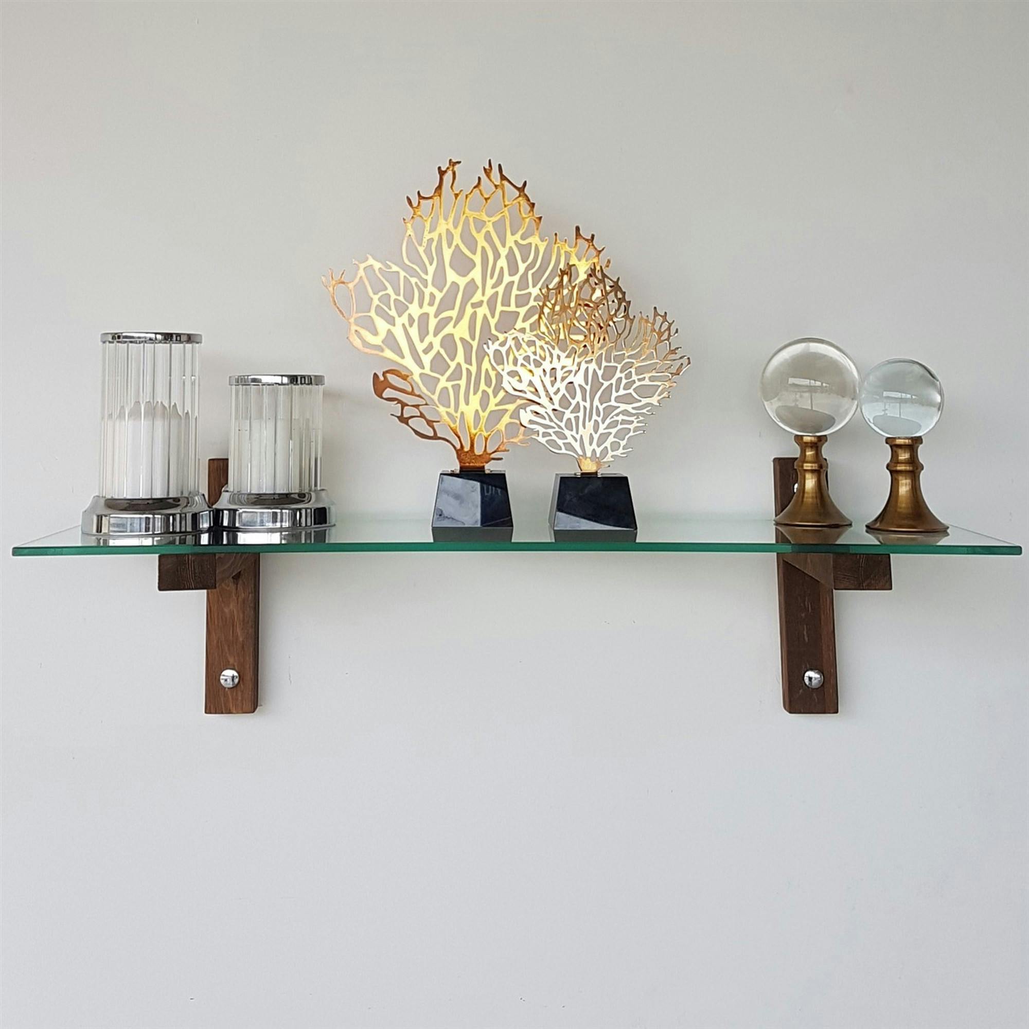 Étagère murale en verre - supports bois foncé LHASA