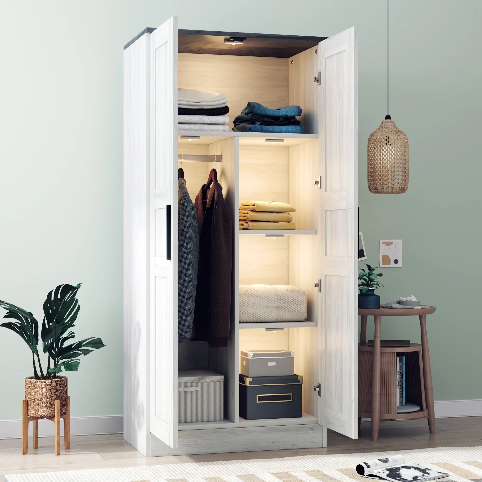 2-Door Wooden Wardrobe Armoire with LED and 4 Storage Shelves Bedroom Freestanding Chest, Tall Clothing Storage Cabinet