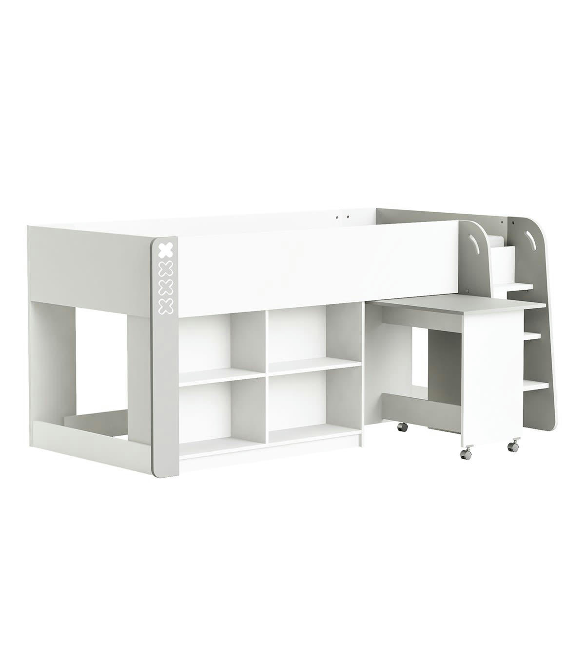 HAMPTON - Lit Enfant avec Bureau et Rangements 90x200 - Blanc et Gris