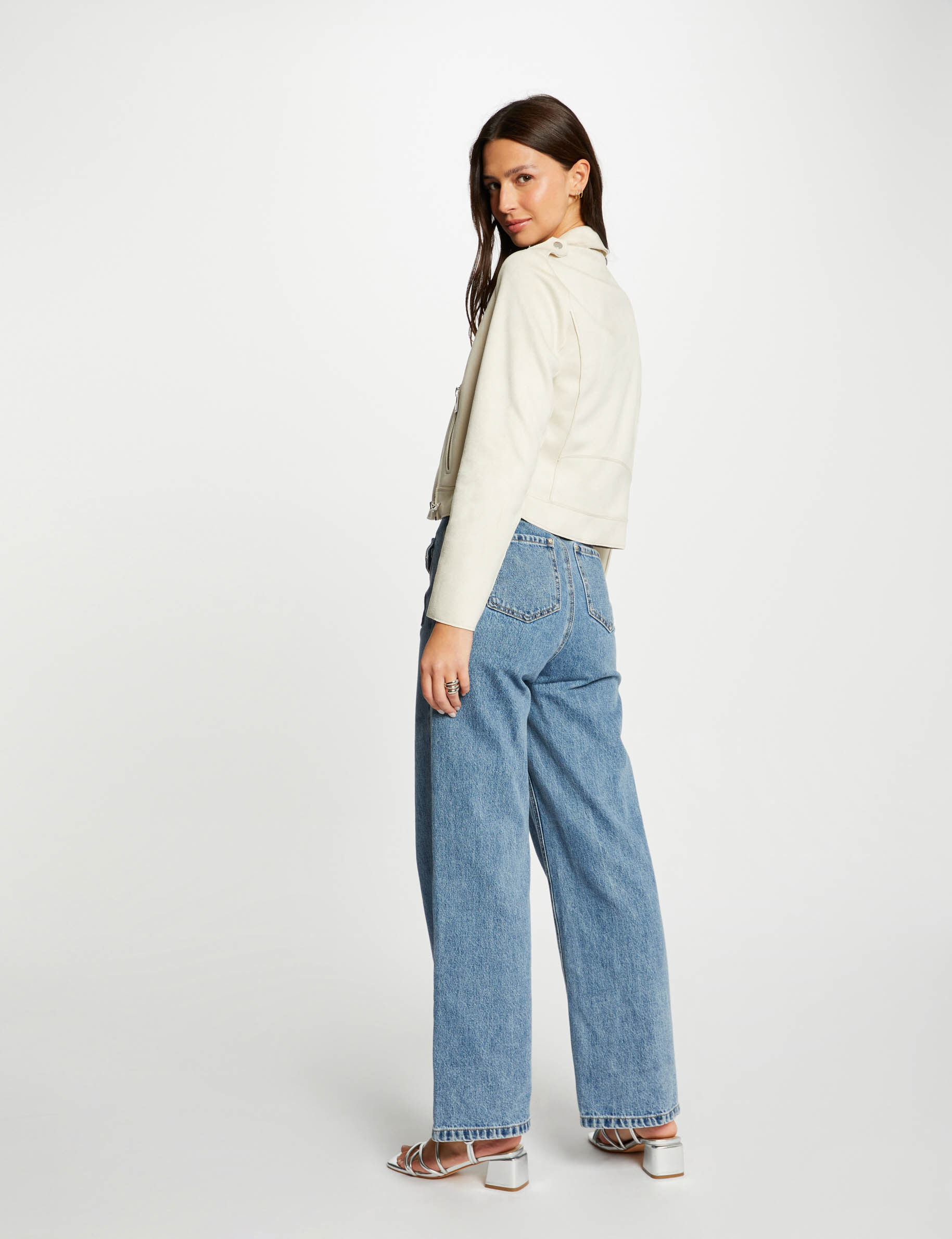 Zipped Short Suede Jacket Ecru Women