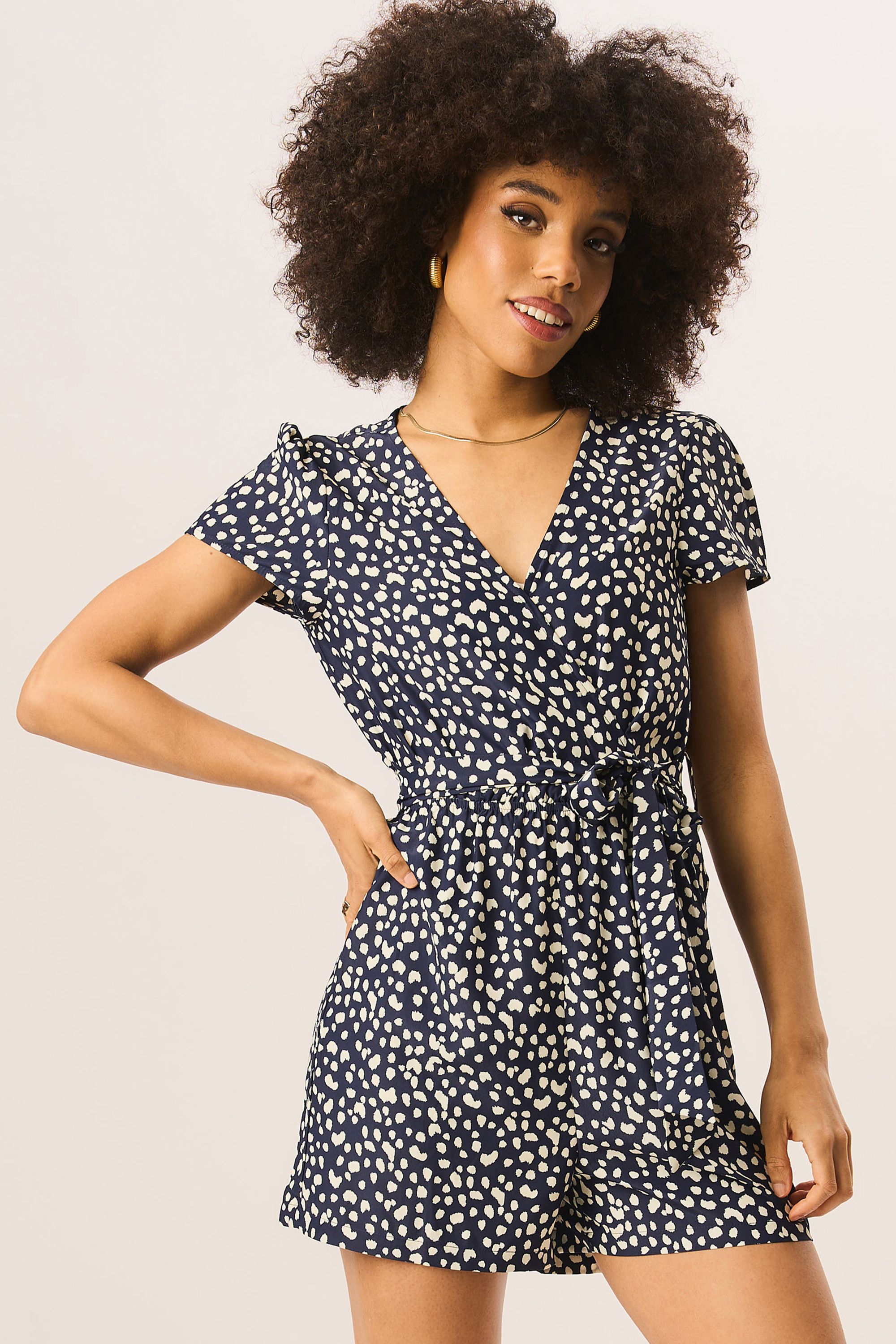 Gini London Blue Animal Print Belted Wrap Playsuit