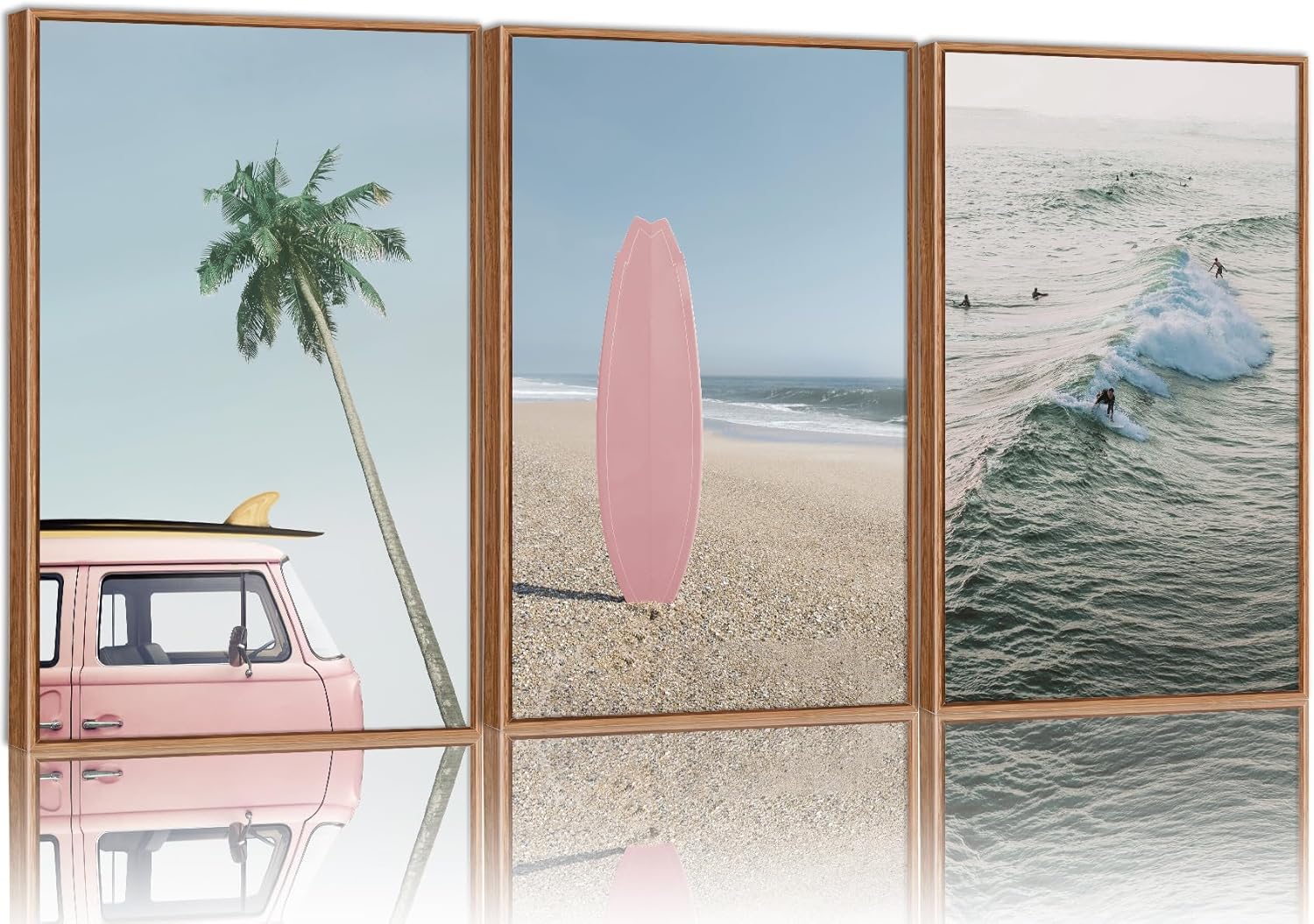 Tinonedraw Large Ocean Beach Framed Canvas Wall Art, Summer Coastal Surfboard Wall Decor, Palm Tree Pink Car Artwork, Modern Surfing Seascape Art Prints for Living Room Bedroom Office 16x24x3