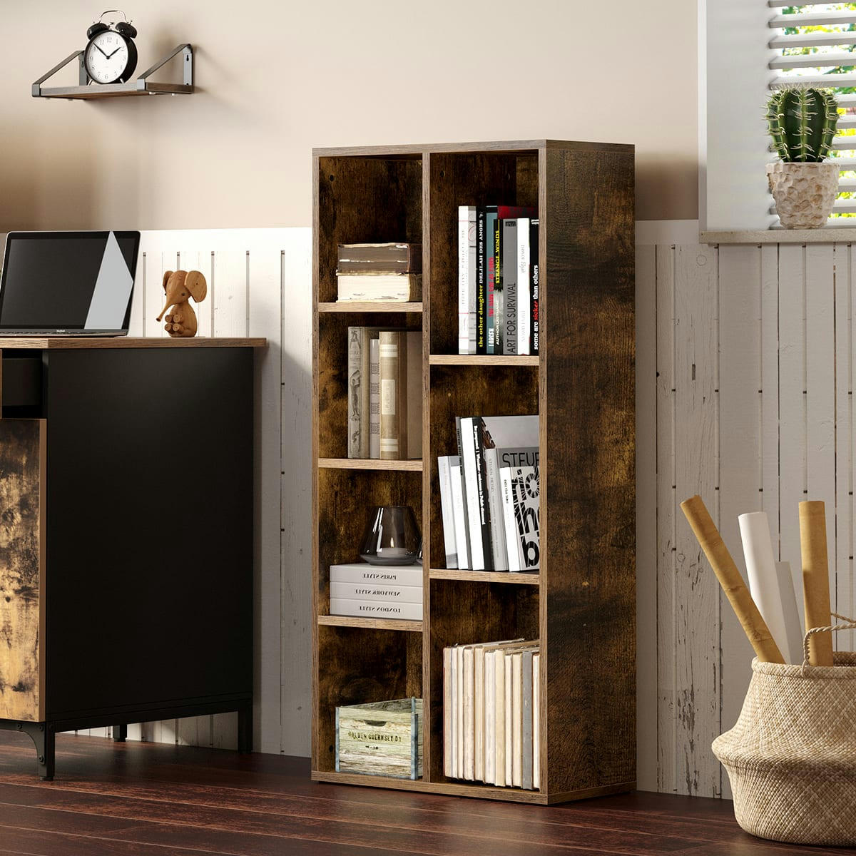 - Bibliothèque 7 compartiments effet bois marron rustique