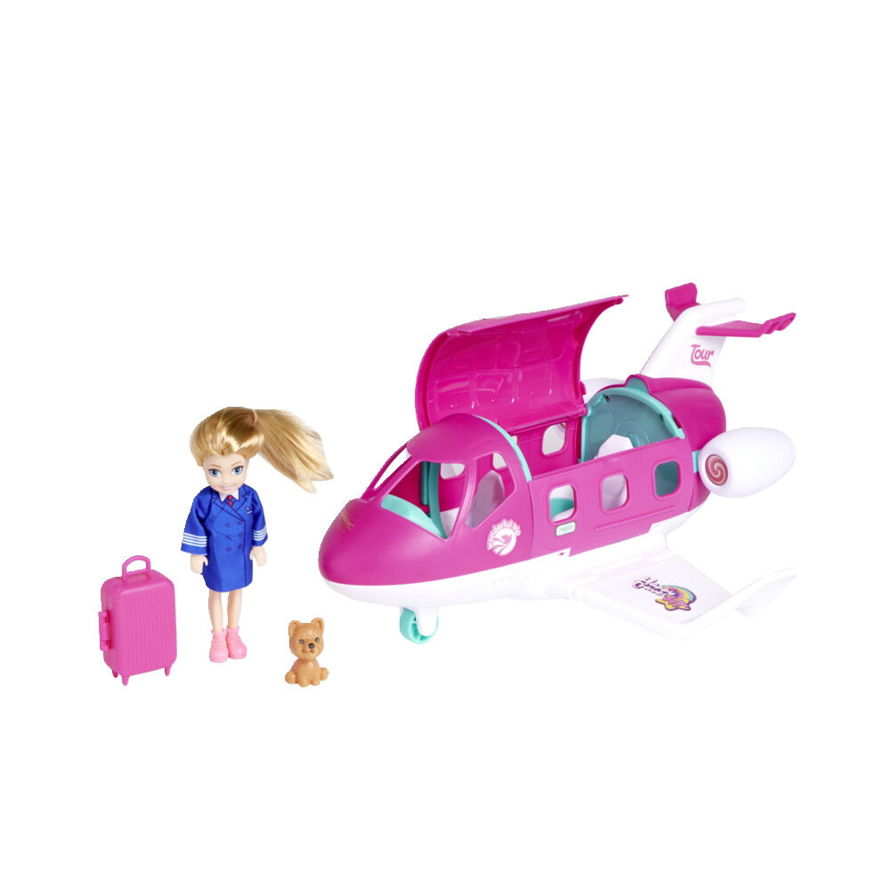 Jouet avion rose avec poupée et accessoires