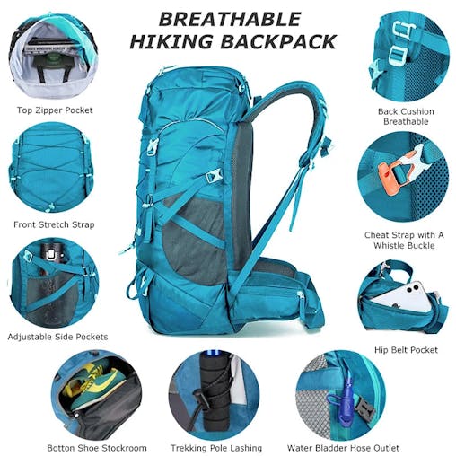 NNEOBA 50L Hiking Backpack with Rain Cover Waterproof Rucksack Blue