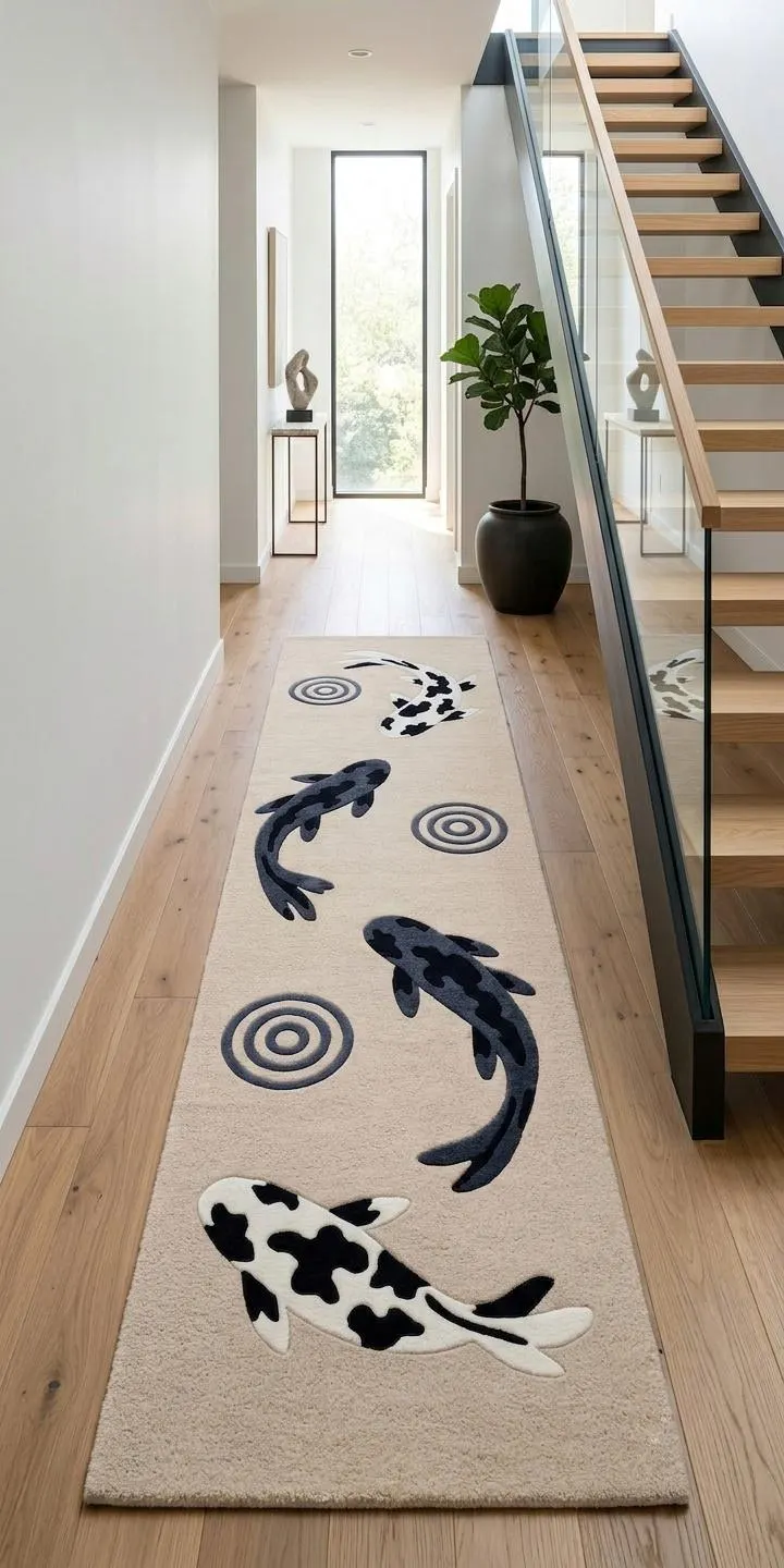 Koi Fish Runner Rug, Hand Tufted Wool Runner 2.5x8, Japanese Zen Asian Art Rug, Black White Tan Hallway Rug, Living Room Entryway Decor