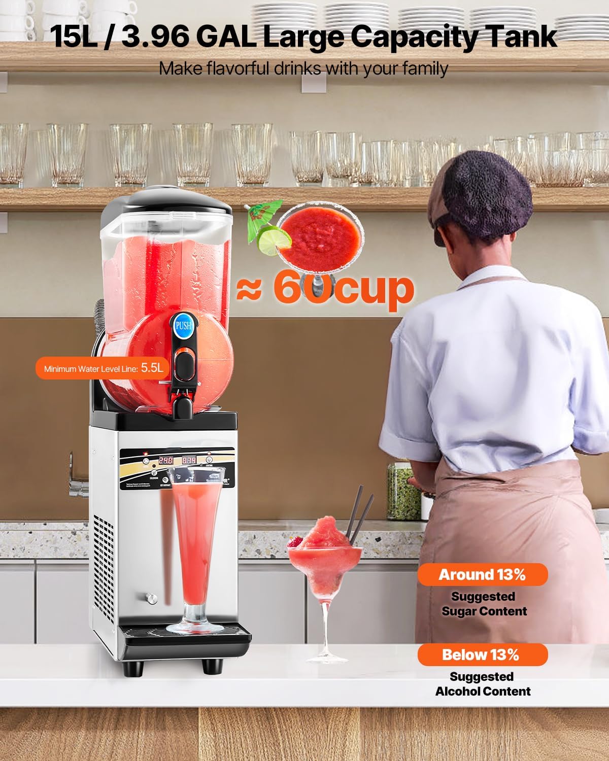 VEVOR Slushie Machine, 15L Single Tank Commercial Margarita Machine, 60 Cups Stainless Steel Margarita Smoothie Frozen Drink Machine, Slushy Machine for Home Party Restaurants Cafe Bars