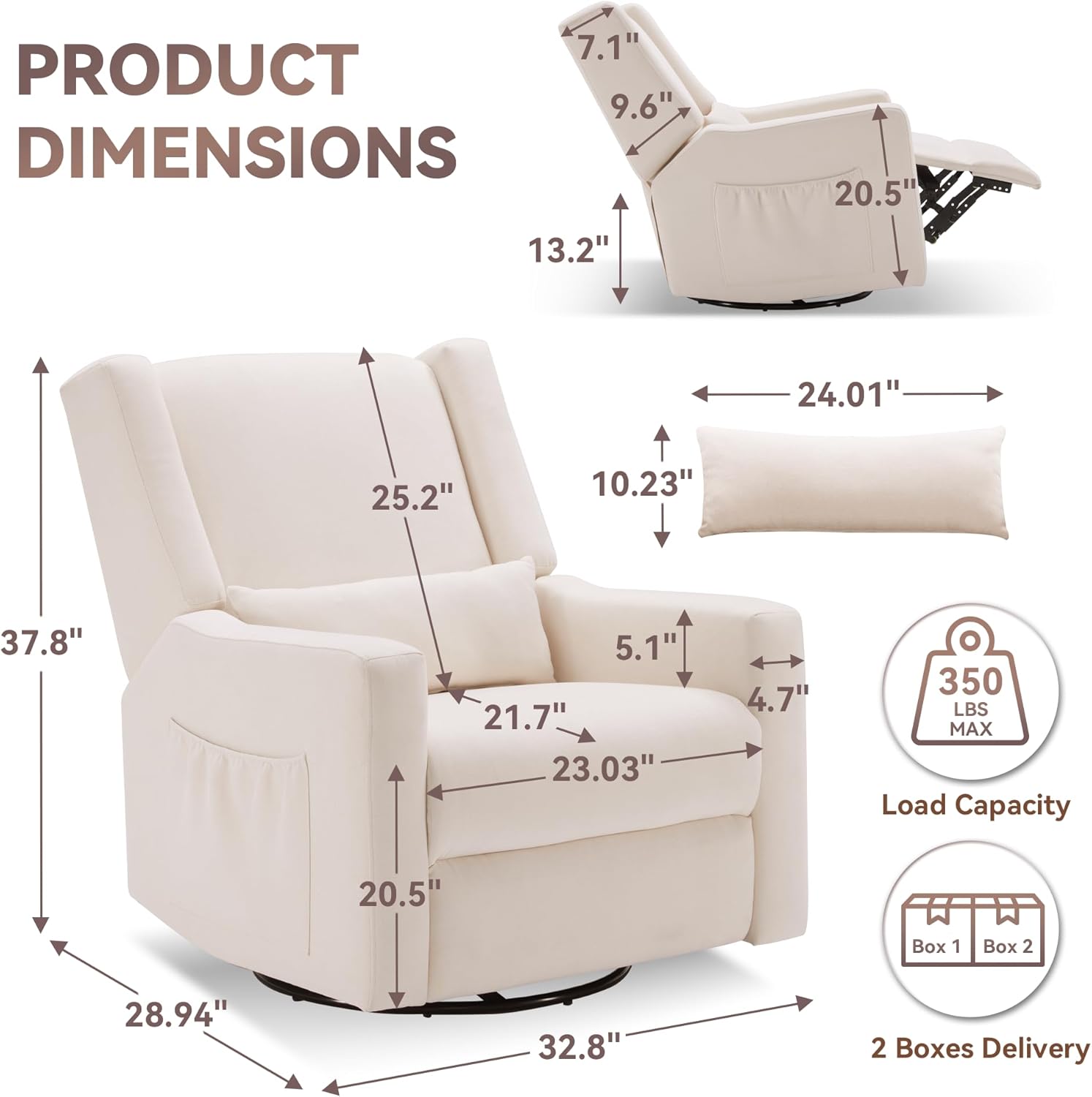 Tbfit 360° Swivel Recliner Chair,Nursery Rocking Chair with Lumbar Support for Bedroom, Comfy Upholstered Armchair with Pillows & Footrest for Living Room (Hidden Ring Handle, Beige)