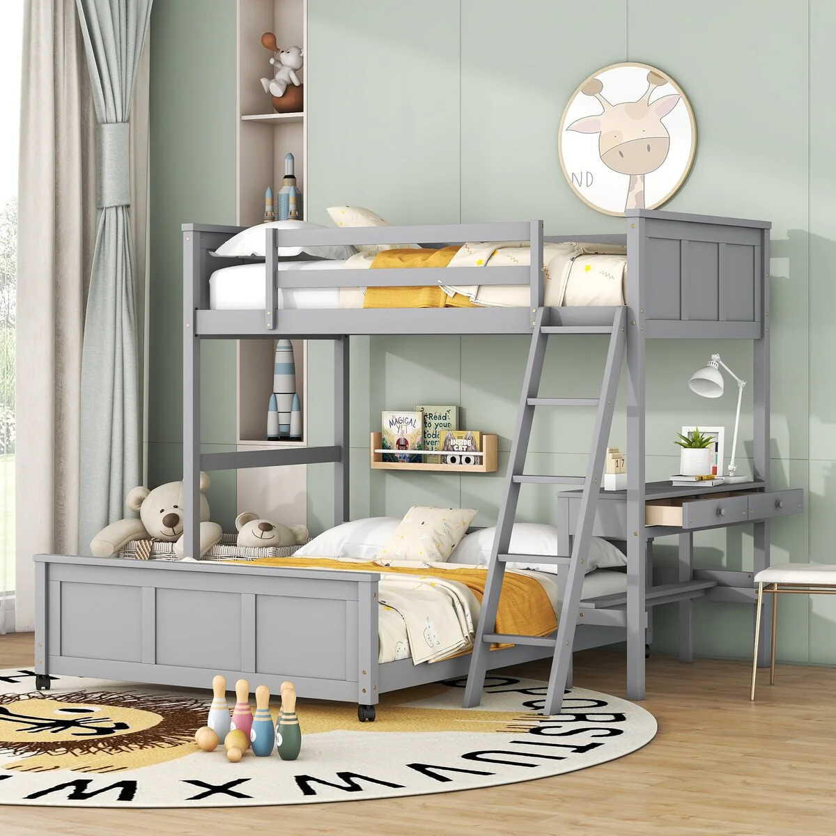 Twin Over Full Bunk Beds with Desk and Drawers, Wood Twin Size Loft Bed with Removable Full Platform Bed Frame