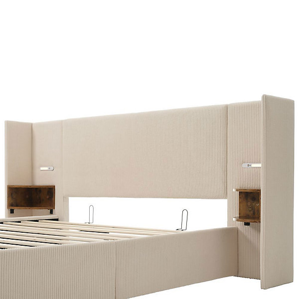 Lit rembourré double 160 x 200 cm, table de chevet, lampe de lecture, USB, beige, Blackcolors